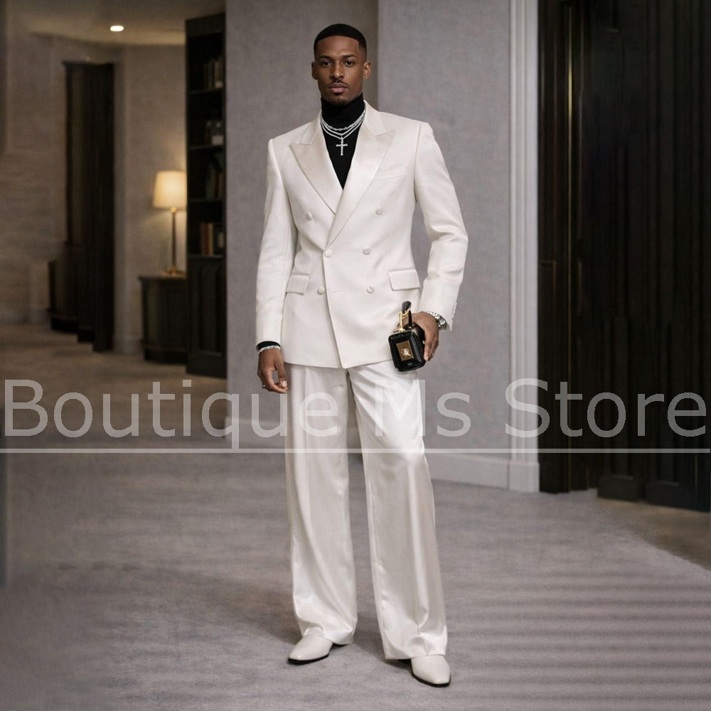メンズホワイトサテンスーツ2ピースダブルブレストピークドラペ - Men Formal Wear Modern のレビューと価格